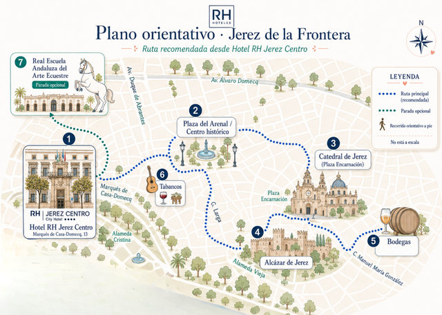 Plano orientativo y ruta para visitar Jerez desde el RH Jerez Centro